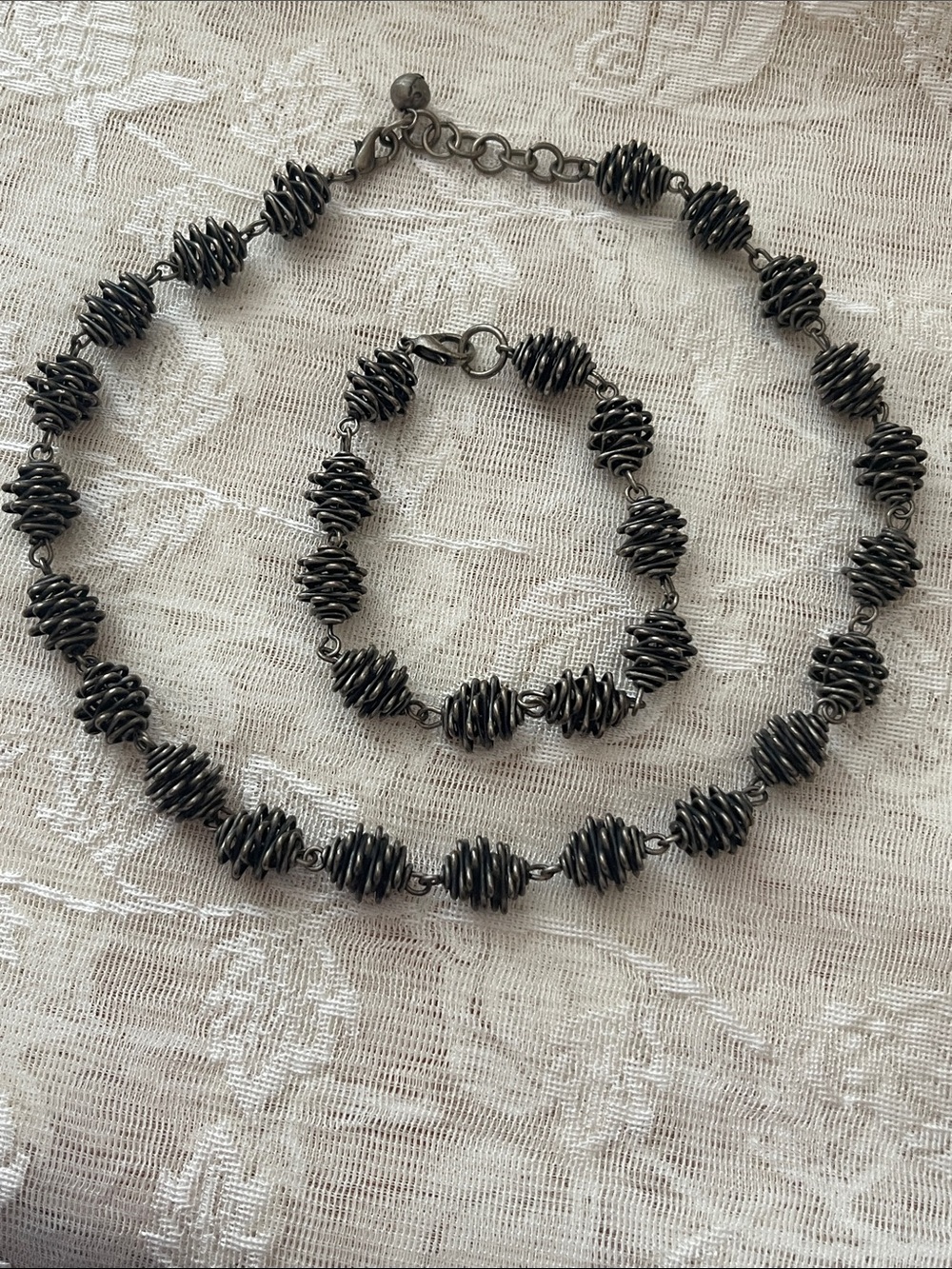 Sterling-Style Black Coil Bead Necklace and Bracelet Set